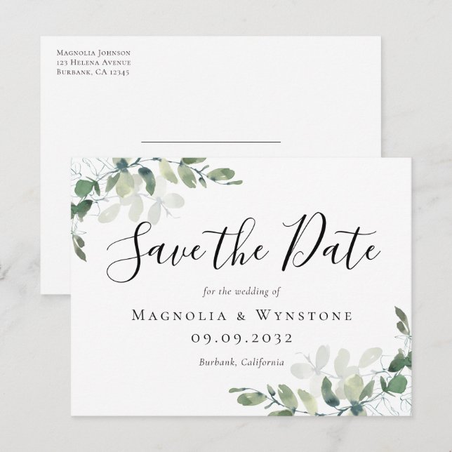 Carte Postale Mariage Eucalyptus Enregistrer La Date (Devant / Derrière)