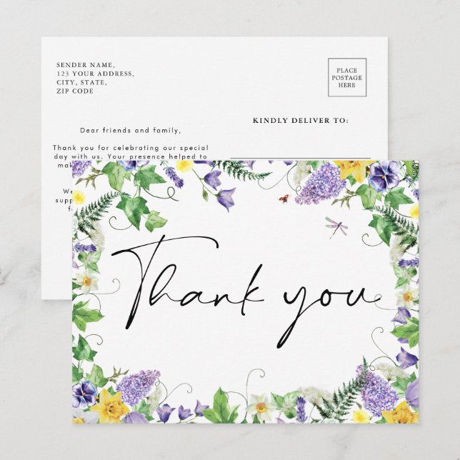 Carte Postale Mariage Fleur sauvage Boho Merci (Devant / Derrière)