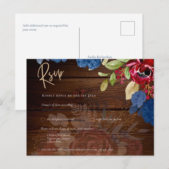 Carte Postale Mariage Floral bleu Bourgogne rustique RSVP (Devant / Derrière)