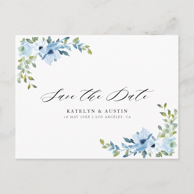 Carte Postale mariage floral bleu clair enregistrer la date cart (Devant)