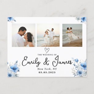 Carte Postale mariage floral bleu noir Script Photo Strip