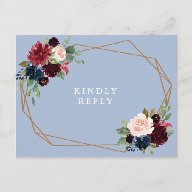 Carte Postale mariage floral bleu roux bordeaux RSVP (Devant)