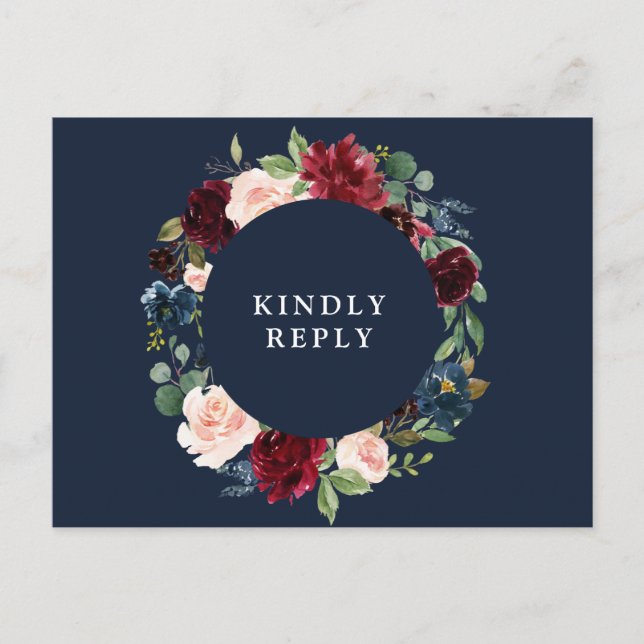 Carte Postale Mariage floral Bourgogne et marine RSVP (Devant)