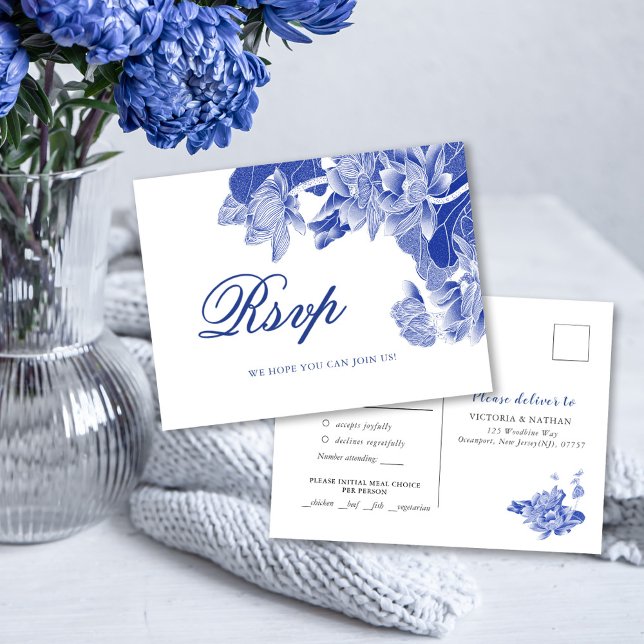Carte Postale Mariage floral classique bleu et blanc (Créateur téléchargé)