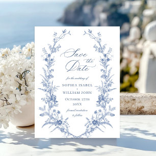 Carte Postale Mariage Floral de Jardin Français Bleu Poussiéreux