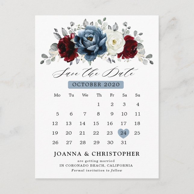 Carte Postale Mariage floral d'ivoire blanc bleu ardoise (Devant)
