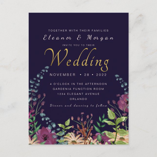 Carte postale mariage floral feuille d'or de la ma (Devant)
