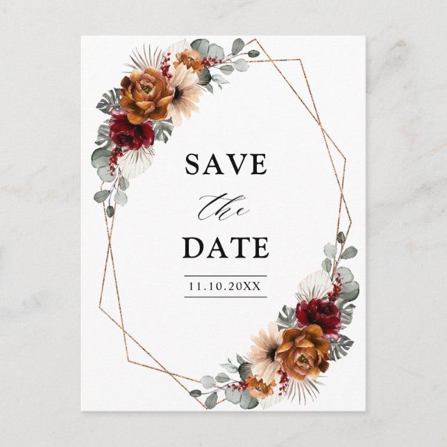 Carte Postale Mariage Floral Géométrique Terracotta Sage Bourgog (Devant)