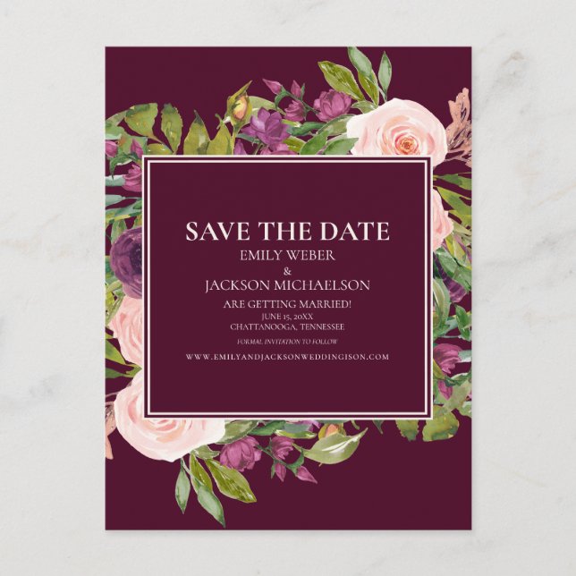 Carte Postale Mariage floral rose bordeaux Enregistrer la date (Devant)
