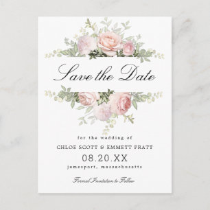 Carte Postale Mariage floral rose et blanc Enregistrer la date