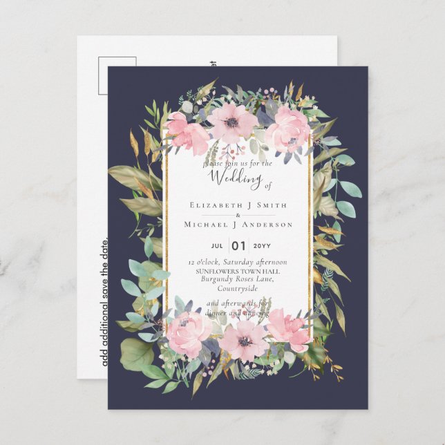 Carte Postale MARIAGE floral rose pâle (Devant / Derrière)