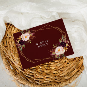 Carte Postale Mariage floral rouge et brun Bourgogne RSVP