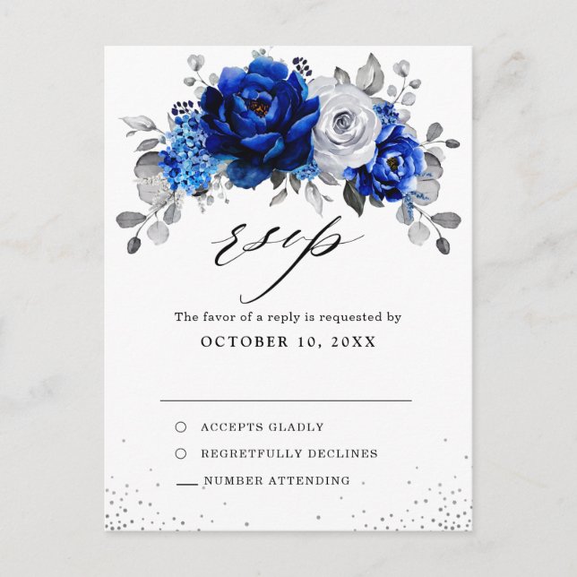 Carte Postale Mariage Floral Royal Bleu Blanc Argent RSVP (Devant)