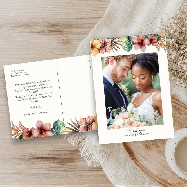 Carte postale Mariage florale Boho tropical (tropical wedding thank you postcard)