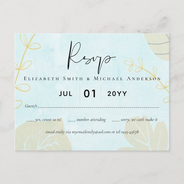 Carte Postale Mariage le moins cher aquarelle bleu laver Script (Devant)