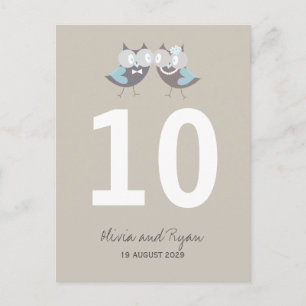 Carte Postale Mariage lunaire Chouettes bleues Brown Numéro de t