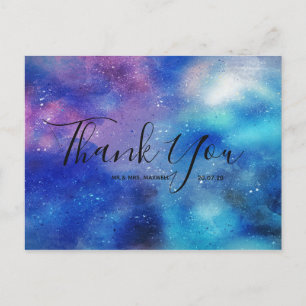 Carte postale mariage Merci bleu Aquarelle Script