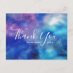 Carte postale mariage Merci bleu Aquarelle Script