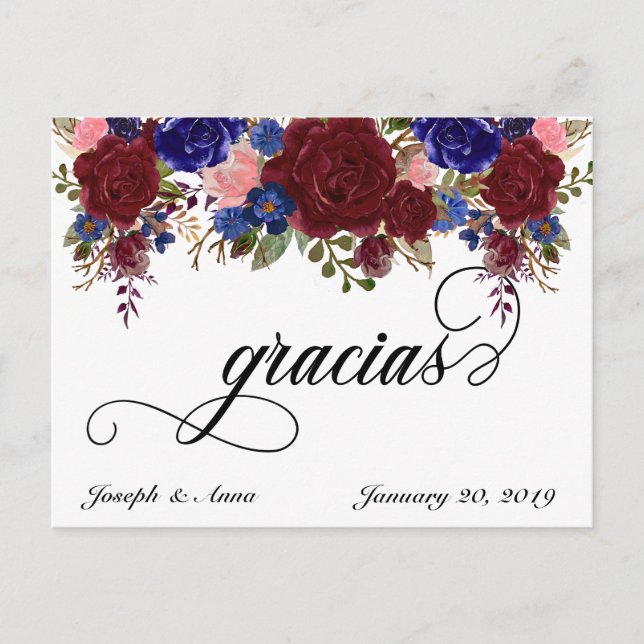 Carte Postale Mariage Merci espagnol Gracias Marine Bourgogne (Devant)