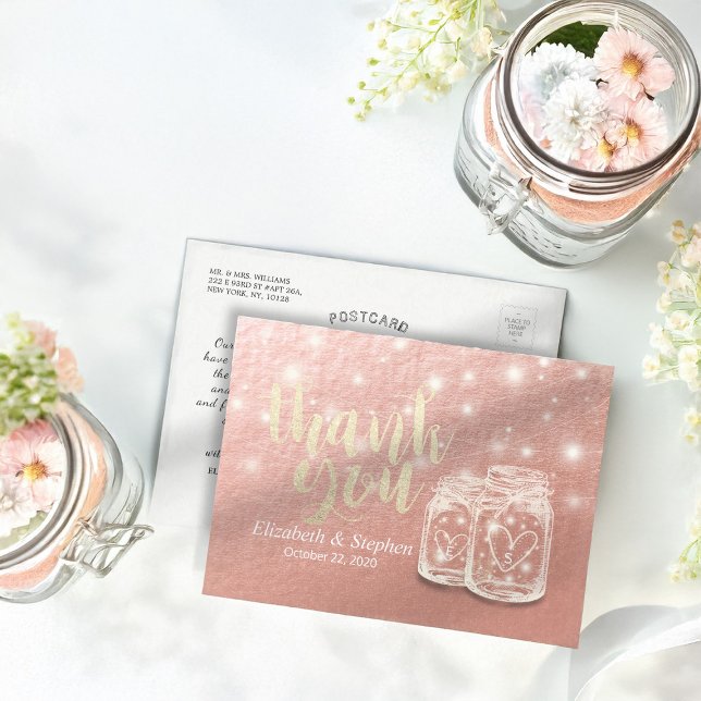 Carte Postale Mariage Merci Mason Jar String Rose or (Créateur téléchargé)
