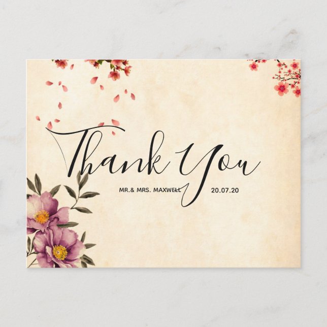 Carte postale mariage Merci romantique Floral Scri (Devant)
