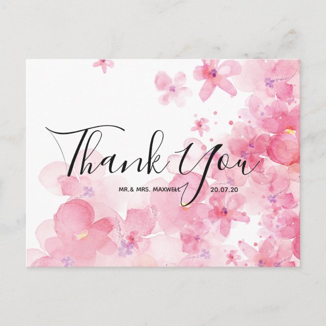 Carte postale mariage Merci rose Aquarelle Script (Devant)