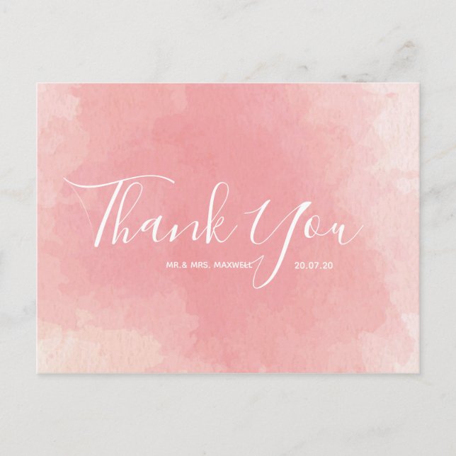 Carte postale mariage Merci rose Aquarelle Script (Devant)