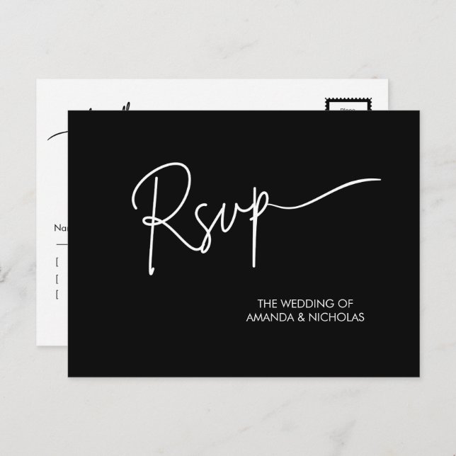 Carte Postale Mariage minimaliste moderne noir et blanc RSVP (Devant / Derrière)