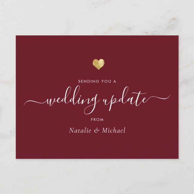 Carte Postale Mariage Mise à jour Élégant Script Gold Heart Bour (Devant)