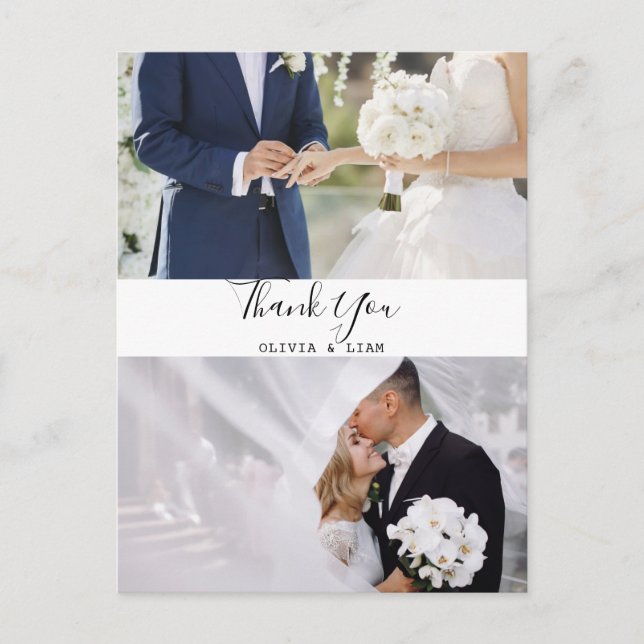 Carte Postale Mariage moderne à deux photos noir et blanc Merci (Devant)