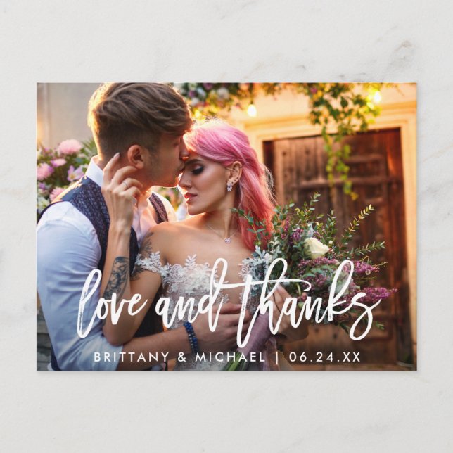Carte Postale Mariage Moderne Brush Script Aimer Merci Photo (Devant)