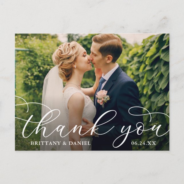Carte Postale Mariage Moderne Calligraphie Couple Photo Merci (Devant)