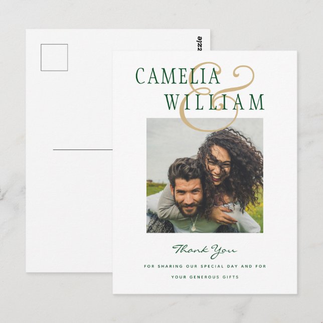 Carte Postale Mariage moderne Emerald Green Gold MERCI PHOTO (Devant / Derrière)