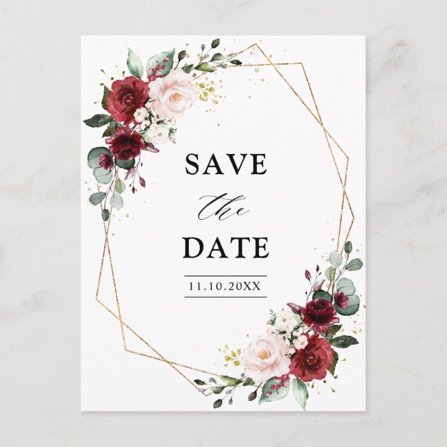 Carte Postale Mariage moderne géométrique Burgundy Blush Enregis (Devant)
