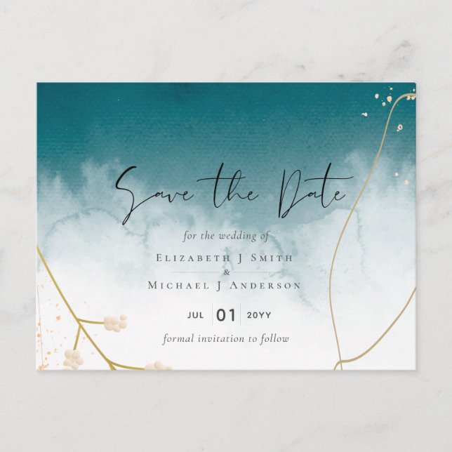 Carte Postale Mariage moderne Misty Blue Gold (Devant)