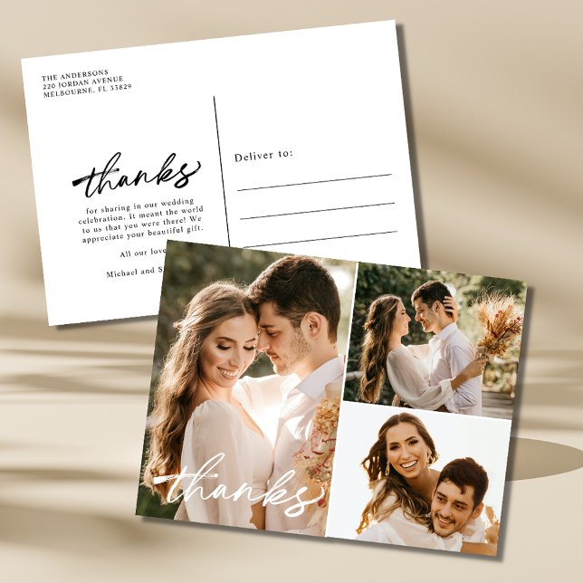 Carte Postale Mariage moderne Photo Collage Merci (Modern Wedding Photo Collage Thank You Postcard)