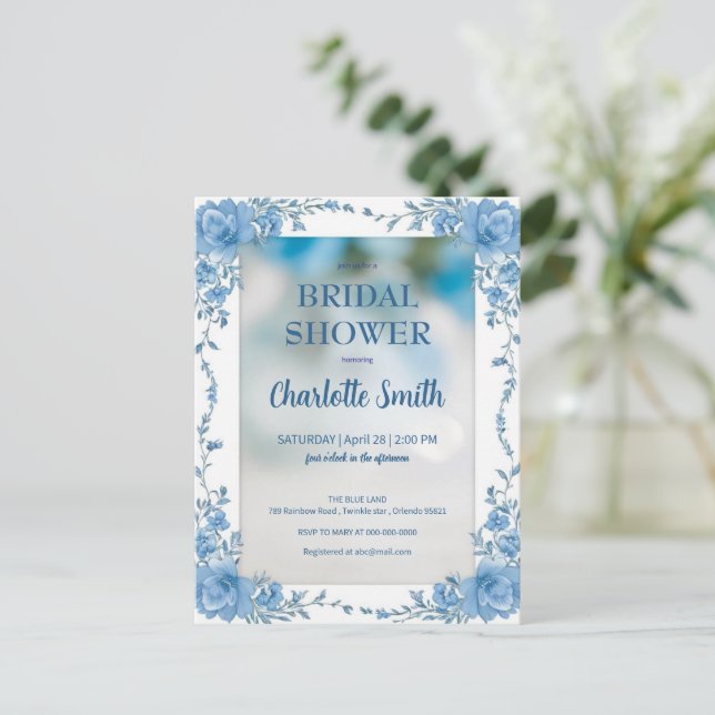 Carte Postale Mariage moderne tendance bleu chinoiserie (Debout devant)