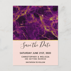 Carte Postale Mariage moderne violet et marbre d'or Enregistrer 