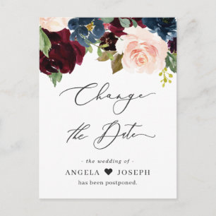 Carte Postale Mariage Modifier la date Burgundy Blush Navy Flora