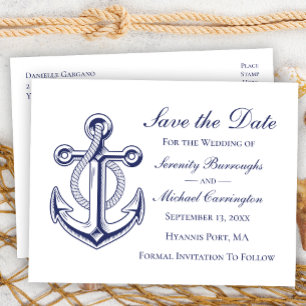 Carte Postale Mariage nautique Ancre Bleu marine Enregistrer la 