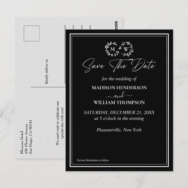 Carte Postale Mariage noir et blanc classique Enregistrer la dat (Devant / Derrière)