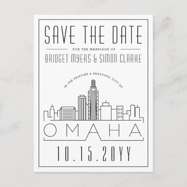 Carte Postale Mariage Omaha | Skyline stylisée Enregistrer la da (Devant)