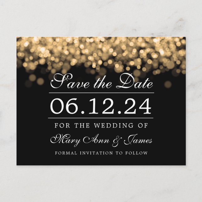 Carte Postale Mariage Or Enregistrer La Date Lumières Élégantes (Devant)