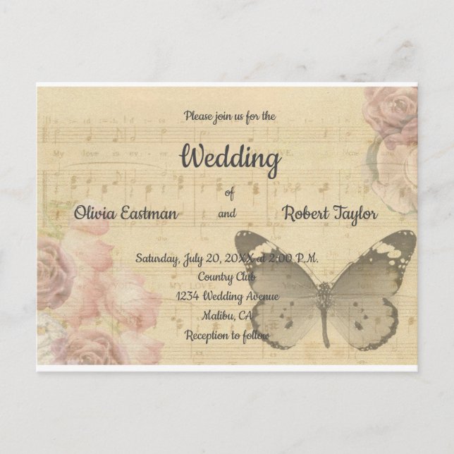 Carte Postale Mariage papillon romantique personnalisé (Devant)
