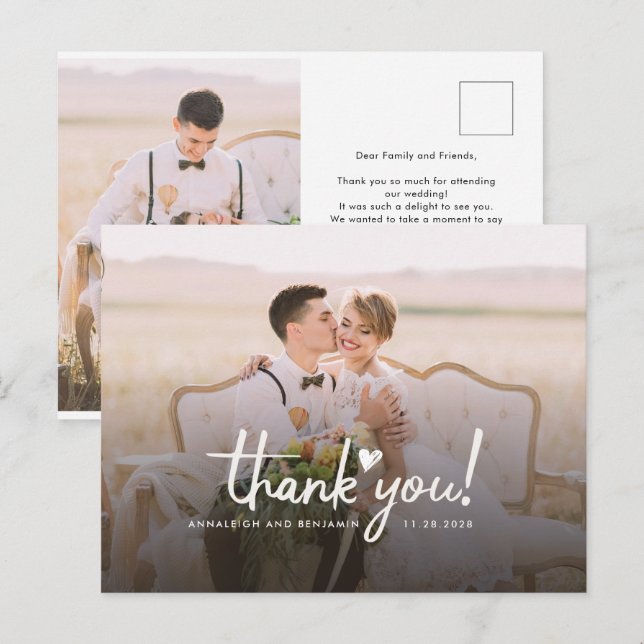 Carte Postale Mariage Photo Amour Cœur Script Merci (Devant / Derrière)