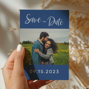 Carte Postale Mariage photo bleu moderne Enregistrer la date