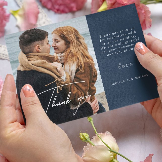 Carte Postale Mariage photo de la Marine moderne Blue Calligraph (Créateur téléchargé)