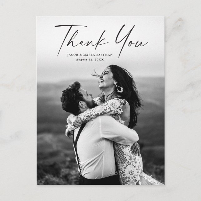 Carte Postale Mariage photo de script moderne Merci (Devant)