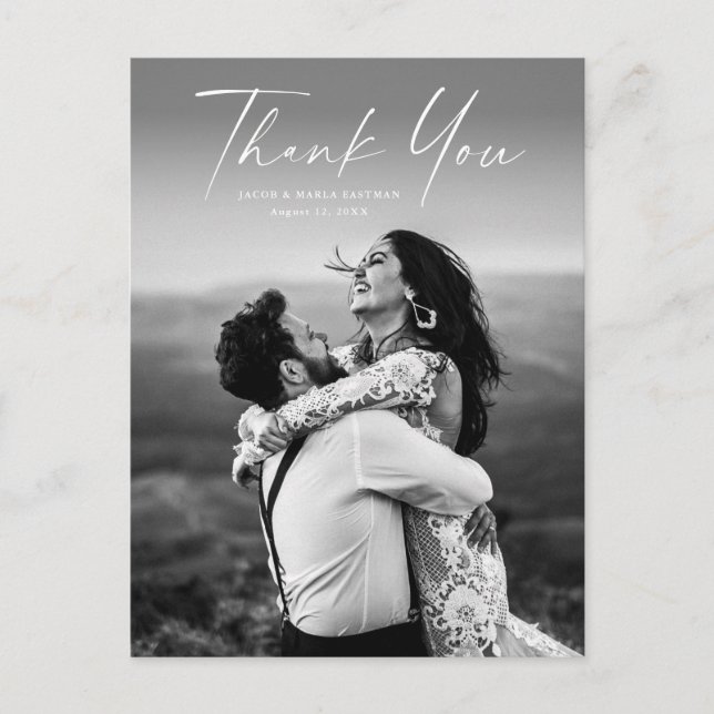 Carte Postale Mariage photo de script moderne Merci (Devant)