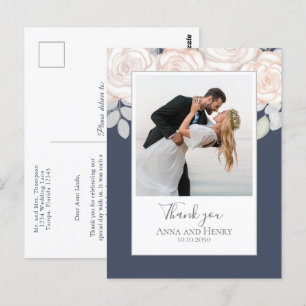 Carte Postale Mariage Photo Elegant Merci bleu ardoise